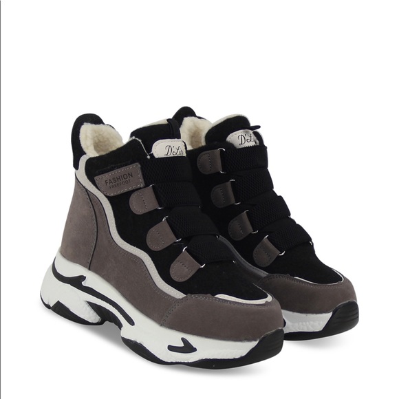 Fur Lined Thick Sole Winter Sneaker in Grey Faux Suede - Women’s - Picture 1 of 5